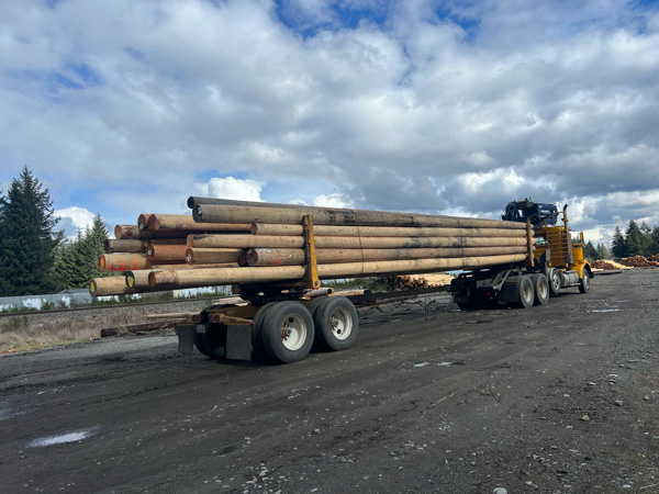 self loading timber truck carrying long logs